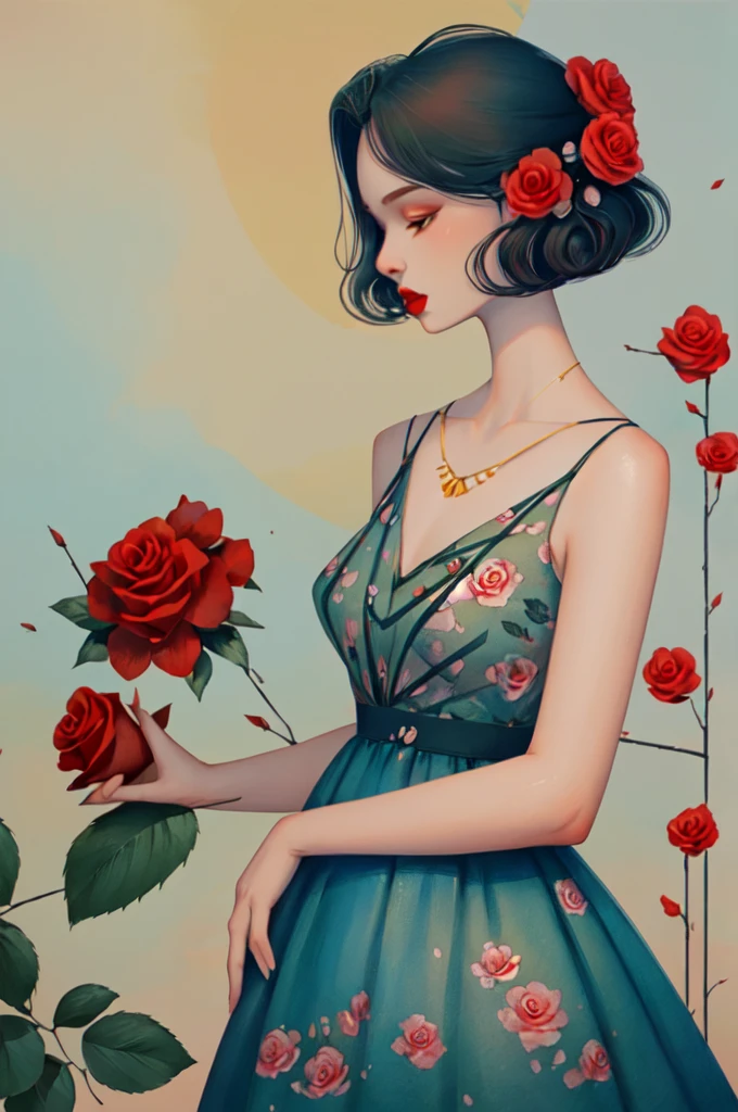 2d, pastel color, watercolor, color saturation,
illustration, lineart, Rose ankymoore, 1girl, bouquet, black hair, camellia, (closed_eyes), flower_ornament, hair_flower, hibiscus, lipstick, makeup, profile, red_flower, red_lips, red_rose, rose_petals, rose_print, short_hair, 独奏, backless dress, thorns, upper_body, vase, necklace, 
