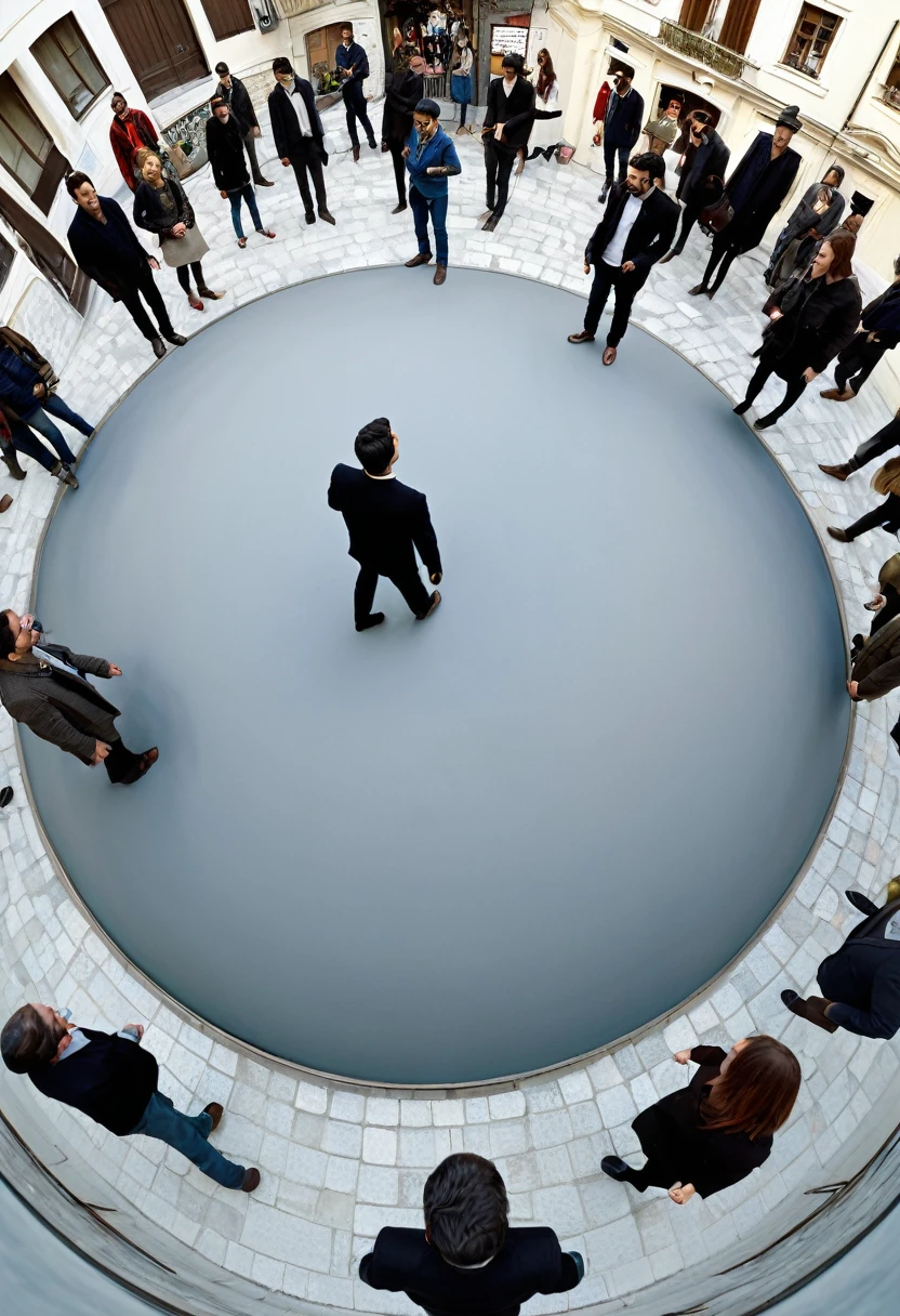 Arafed image of a group of people walking in a circle., 3 6 0 image, 3 6 0 catch, Panoramic Anamorphic, 3 6 0 projection, Liminal space photography, 360 monoscopic equirectangular, by Leandro Erlich, inspired by Leandro Erlich, 360 degree equirectangular, 8mm extreme fisheye