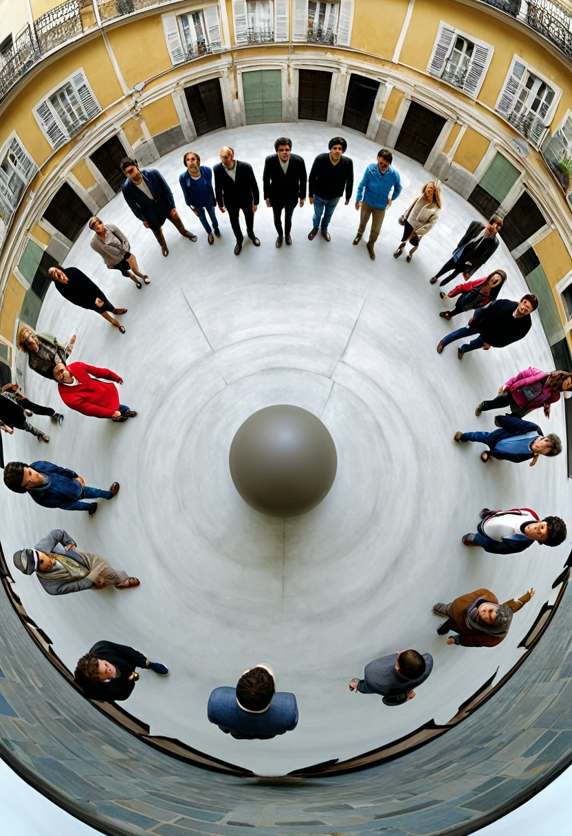Arafed image of a group of people walking in a circle., 3 6 0 image, 3 6 0 catch, Panoramic Anamorphic, 3 6 0 projection, Liminal space photography, 360 monoscopic equirectangular, by Leandro Erlich, inspired by Leandro Erlich, 360 degree equirectangular, 8mm extreme fisheye