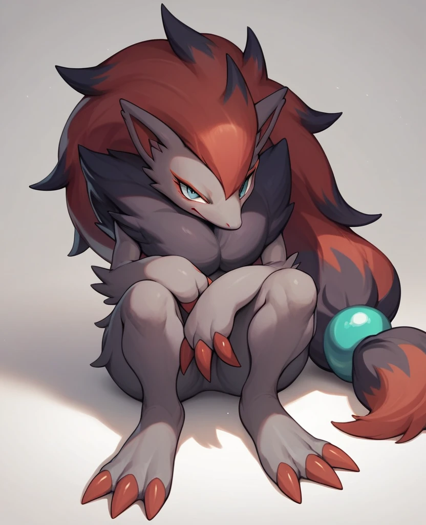 Zoroark, Pokémon, whole body, original pokemon design, Alone, sitting on floor, three toes, three fingers, serious face, straight legs