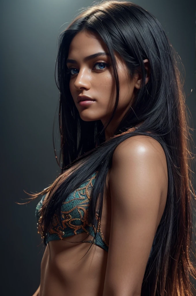 (dark shot:1.4), 80mm, beautiful 25 year old Mexican girl, with very big blue eyes, Real, very very long black hair,  soft lighting, sharp, Exposure Blending, medium shot, bokeh, (HDR:1.4), high contrast, (filmic, blue-green and orange:0.85), (muted colors, Dark Colors, calming tones:1.3), Low saturation, (Hyperdetailed:1.2), (noir:0.4), (natural skin structure, hyper realism, soft lighting, sharp:1.2), (Intricate detailing:1.12), HDR, (Intricate detailing, Hyperdetailed:1.15)