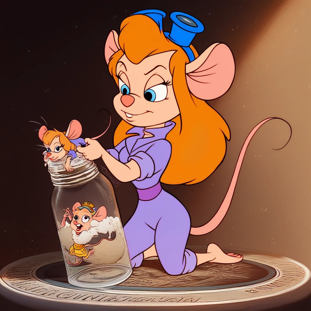 score_9, score_8, score_7, score_6, mouse tail, gadget, cartoon, source_furry, comedy, parody, (masterpiece, best quality), detailed, cowboy shot, cartoon style, dim lights, 1girl, solo,, serious, kneeling, full body, in glass jar, shrunken , ExpressiveH