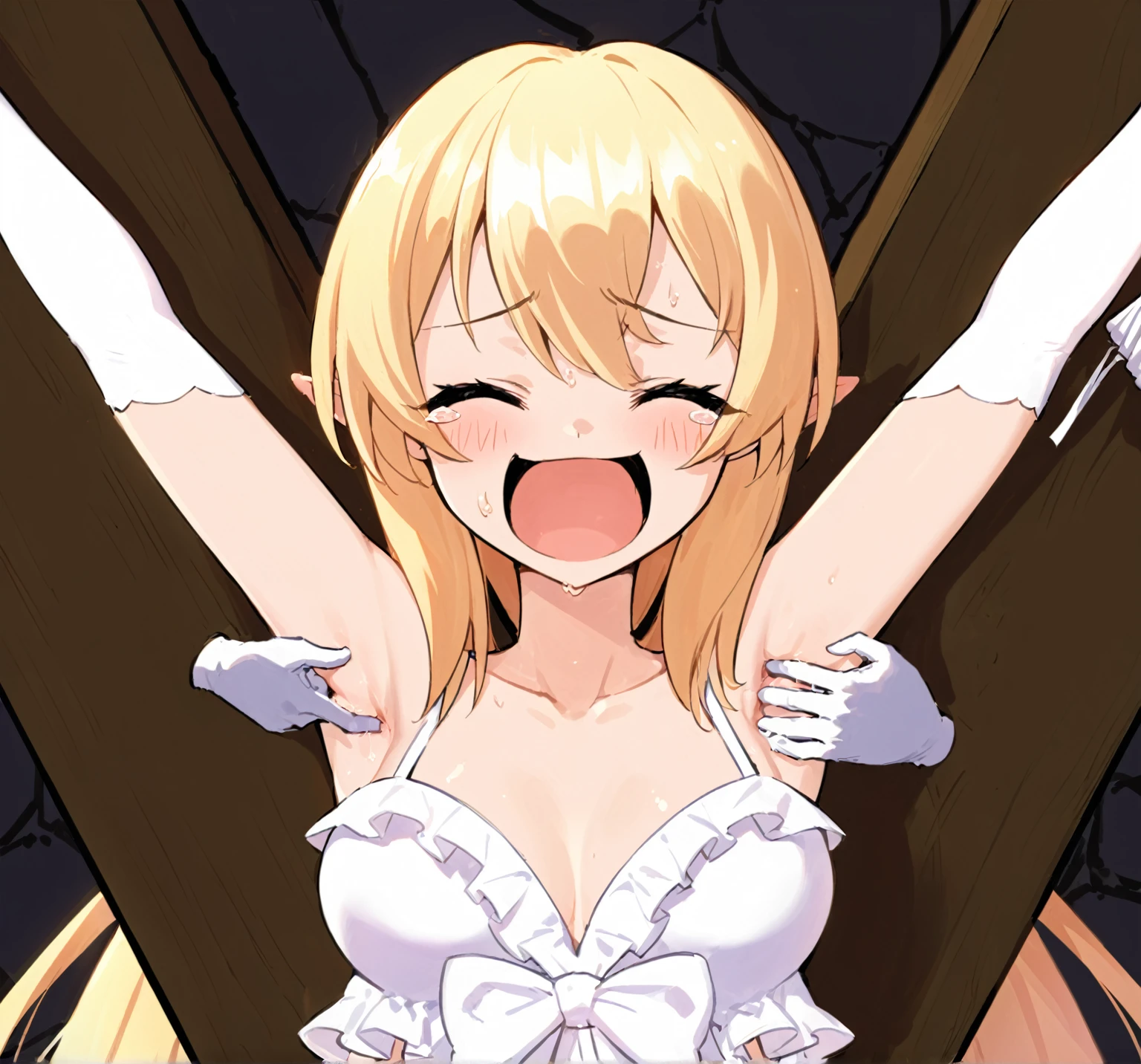 an extremely delicate and beautiful girls with her arms up,(laughing:1.3),big mouth,open mouth,tickling,happy,(frown:1.2),(pain face),crazy smile,blush,sweat,(white gloves),(her armpits tickling with white gloves),White gloves are scratching the girl's armpits,((trembling)),tears,(((masterpiece))), (((best quality))), (official art), ((extremely detailed CG unity 8k wallpaper)), (Best character details), ((ultra-detailed)), (illustration), (dynamic angle),
