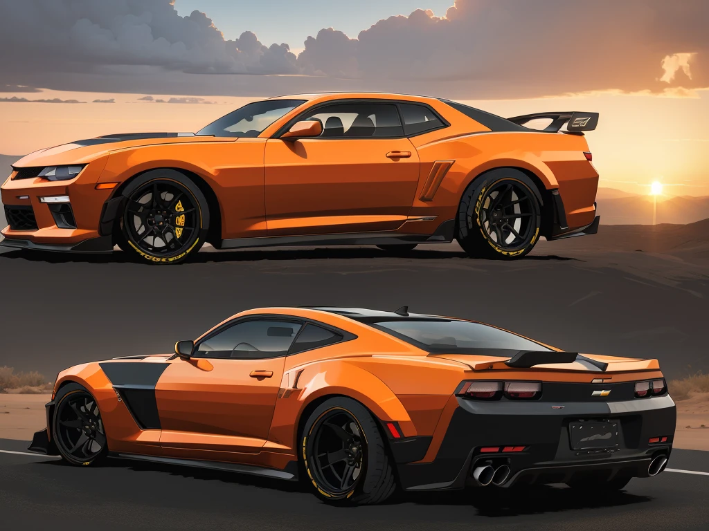 "Chevrolet Camaro 2SS 2014 in brutal sport tuning and oversized off-road wheels that protrude beyond the wheel arches at sunset with the horizon in the background."