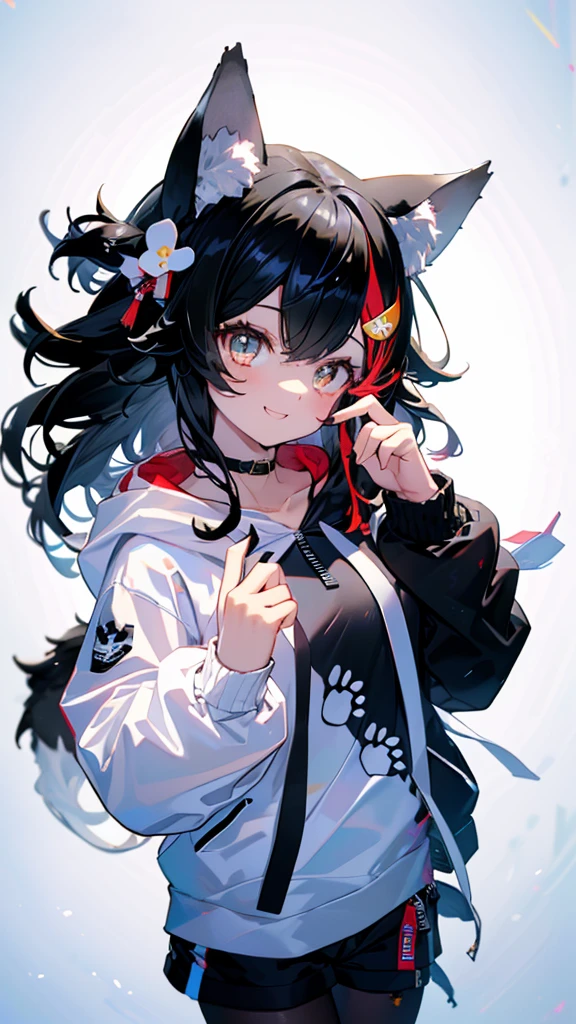 (Ultra-high resolution,masterpiece, Attention to detail, Highest quality), 8k,(miosha1, hair ornament, Wolf tail, black choker, hood, black hoodie, white hoodie, paw print, black shorts, black pantyhose),(Blessed,Captivating body、Ultra-detailed skin、Super beautiful eyes、Detailed Background),One girl、 (cheerful ,enjoy :1.5),