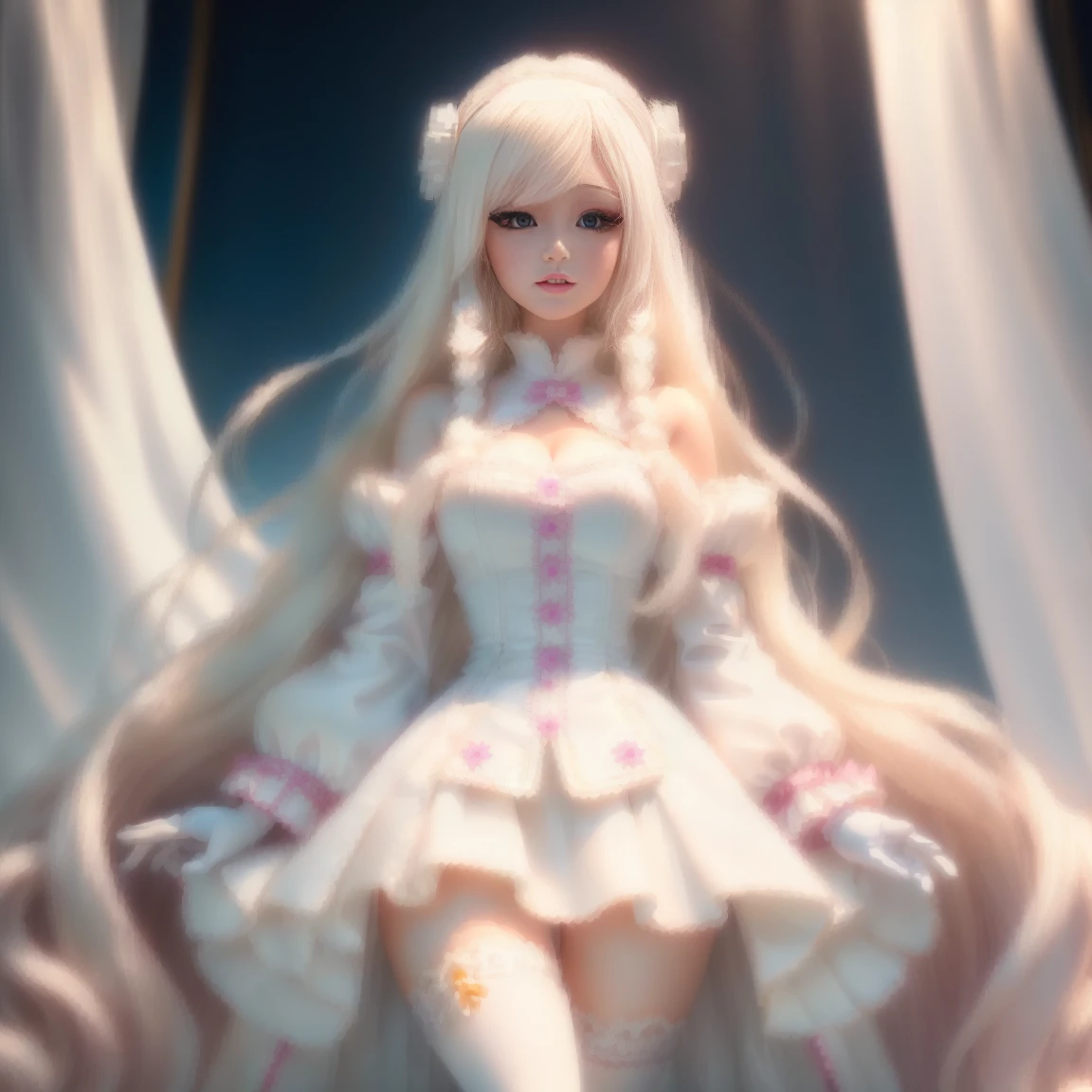 blond haired doll has long white hair and pink gloves, Anime Girl Cosplay, has long white hair, Barbie in white, has long white hair, Light milky white porcelain skin, Detailed long white hair, Anime Barbie, White Ji haircut, Popular on cgstation, Barbie in white stockings, White long straight hair, White-haired deity, Porcelain white skin