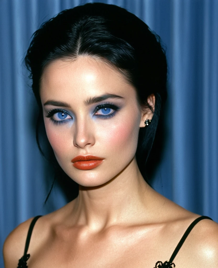 At her husband's funeral in 1995, the 25-year-old Russian-American woman with raven-black hair exudes a haunting, poignant beauty. Her sleek, dark hair cascades around her face, contrasting starkly with her sapphire blue eyes, which are filled with unshed tears. The sadness in her eyes adds an intense, glistening depth to them, making them even more striking. Her fair, porcelain-like complexion appears ethereal, almost glowing with a tragic radiance. Her high cheekbones and delicate nose are highlighted by the sorrow etched into her features, while her full lips, slightly parted, quiver with restrained emotion. Dressed in a somber, elegant black dress, she stands with a dignified grace, her posture composed despite the weight of her grief. Her sorrow, profound and palpable, only enhances her natural beauty, making her a vision of poignant elegance in her time of mourning.