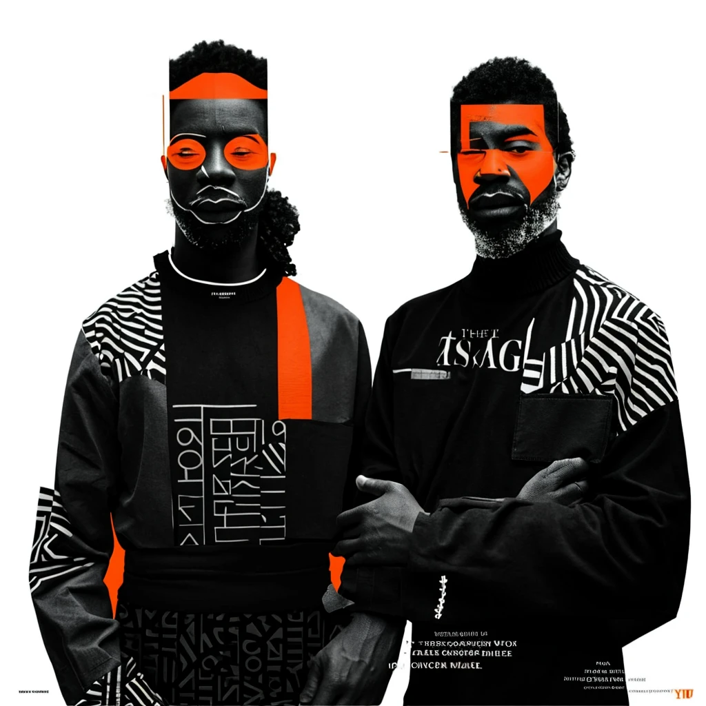 Folks, Colorful solo, looking at viewer, simple background, 2 DJs, male focus, english text, Orange background