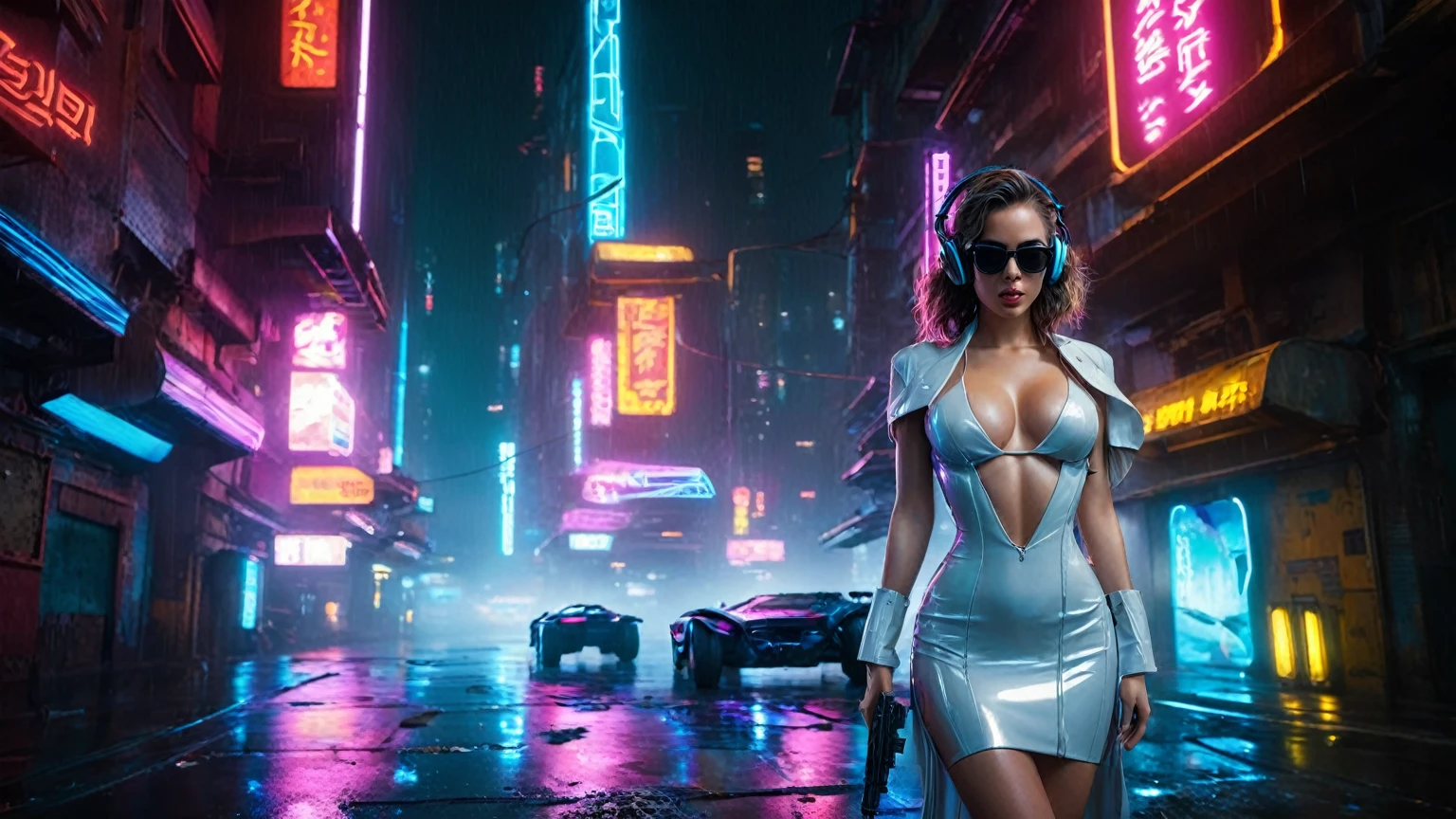 (aerial view, a flying cars docking platform, a very dark abandoned futuristic city, neon lights), rainy night. (((1girl, solo, alone))), large-breast:1.2 slim body, cleavage:1.1, sexy wind blowing wet dress:1.4, (((headphone, black sunglasses, standing and holding pistol:1.8, dynamic seductive pose))), (((((half-body thigh level medium shot))))), cinematic lighting, lens flare, ray tracing.