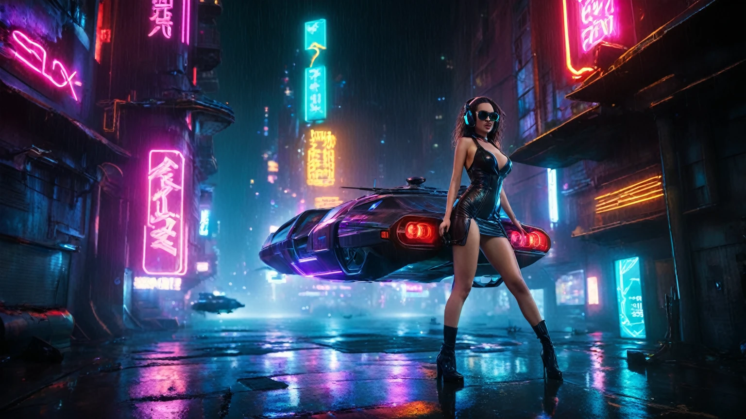 (aerial view, a flying cars docking platform, a very dark abandoned futuristic city, neon lights), rainy night. (((1girl, solo, alone))), large-breast:1.2 slim body, cleavage:1.1, sexy wind blowing wet dress:1.4, (((headphone, black sunglasses, standing and holding pistol:1.8, dynamic seductive pose))), (((((half-body thigh level medium shot))))), cinematic lighting, lens flare, ray tracing.