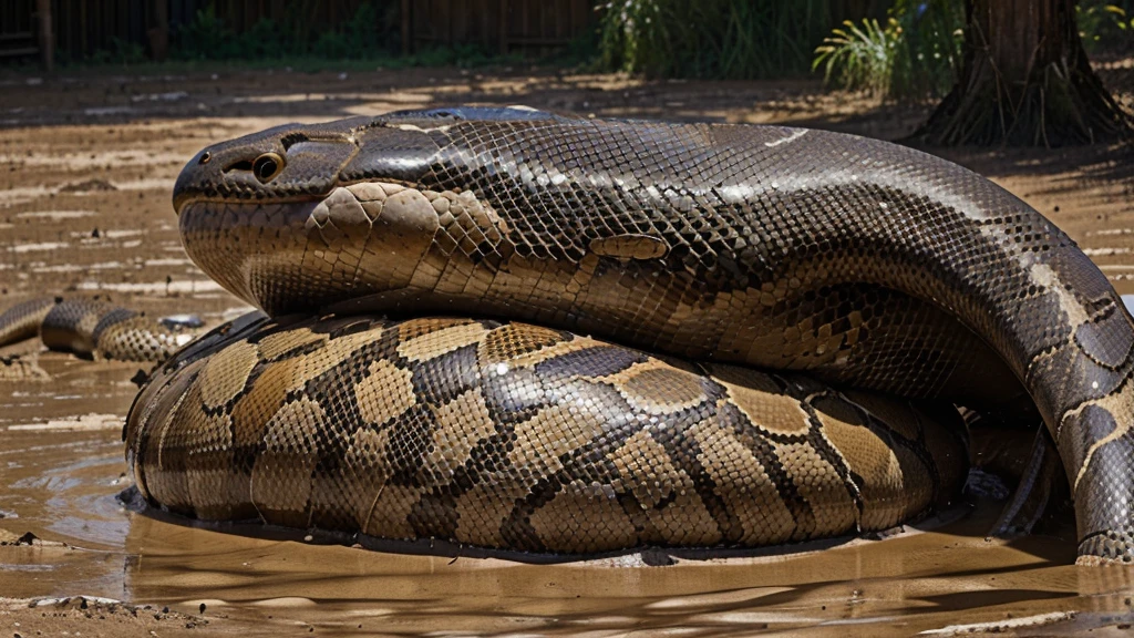 A cow and a large python in a muddy pen, showing the tense atmosphere and the enlarged belly of the snake. it is wrapped around a cow ready to be devoured. the cow's expression is fearful.