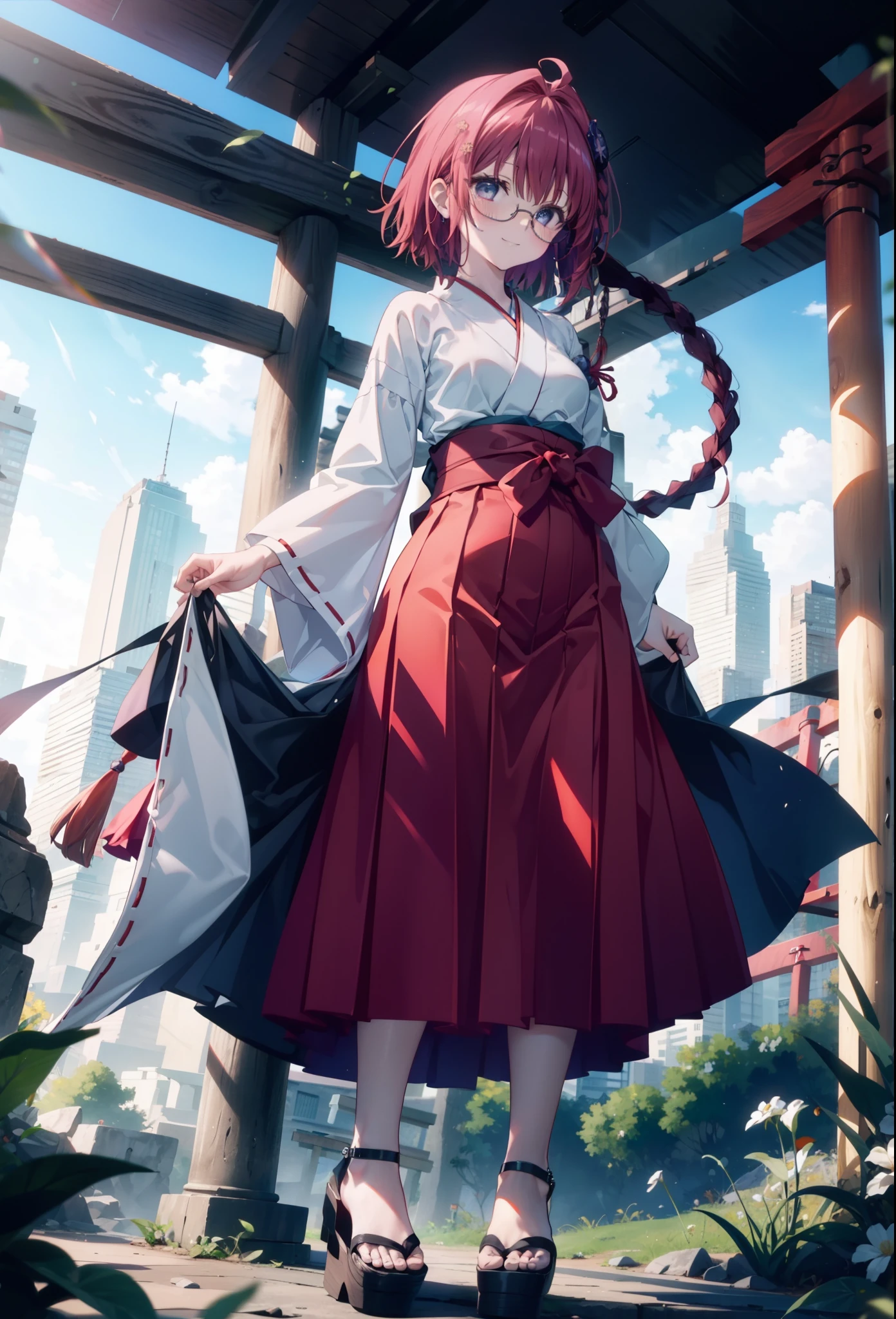 Meia Kurosaki,Meia Kurosaki,Redhead,Long Hair,Long braids,Purple eyes,Glasses, (Small breasts:1.2),Shrine maiden, 白いkimono, kimono, As with the skirt, Wide sleeves, Long sleeve, Red too,Long skirt,White tabi,Sandals,smile,blush,Sleeves edged with ribbon, whole bodyがイラストに入るように,
break looking at viewer,whole body, (Cowboy Shot:1. 5)
break outdoors, shrine,torii,
break (masterpiece:1.2), Highest quality, High resolution, unity 8k wallpaper, (shape:0.8), (Beautiful attention to detail:1.6), Highly detailed face, Perfect lighting, Extremely detailed CG, (Perfect hands, Perfect Anatomy),