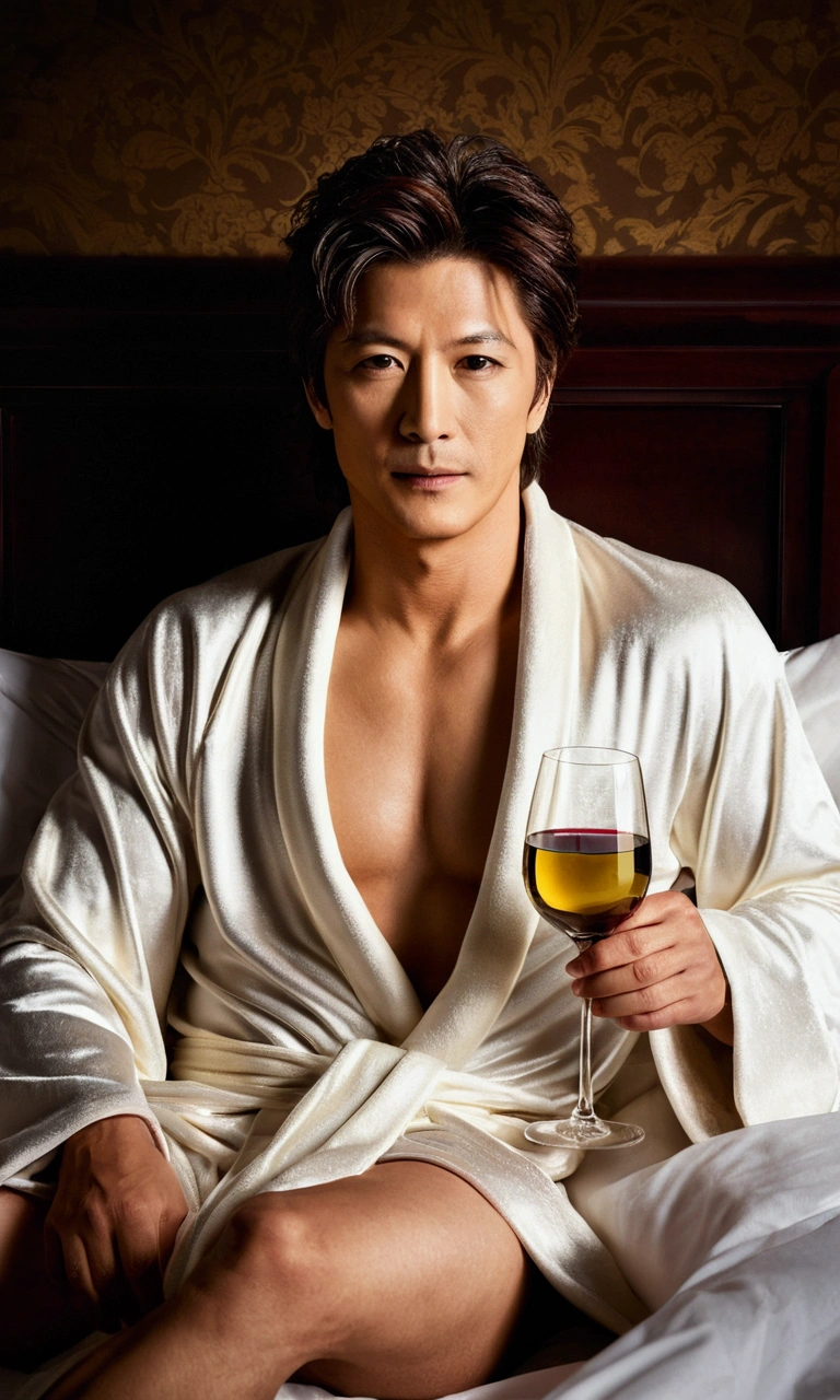 Create a realistic photograph of the celebrity Gackt, lounging in bed wearing a luxurious robe and holding a glass of wine. The scene should exude relaxation and sophistication. High Resolution, Anatomically Correct, Best Quality, Looking at viewer, 