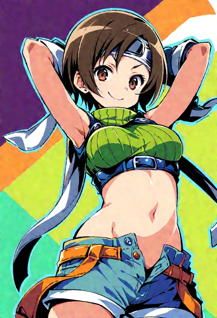 score_9, score_8_up, score_7_up,,BREAK , from below,navel below view.,mediumshot,(arms up,arms behind head,arms in hair),looking_at_viewer,soro focus,1girl, yuffie kisaragi, final fantasy, short hair,headband,navel,sleeveless,turtleneck,brown eyes,sleeveless turtleneck,solo,breasts,looking at viewer,smile,gloves,crop top,brown hair,shorts,midriff,,sweater,open fly,armor,fingerless gloves,ribbed sweater,medium breasts,,smile,smug,best quality,aesthetic,very aesthetic,masterpiece,(high-resolution), Vector graphics