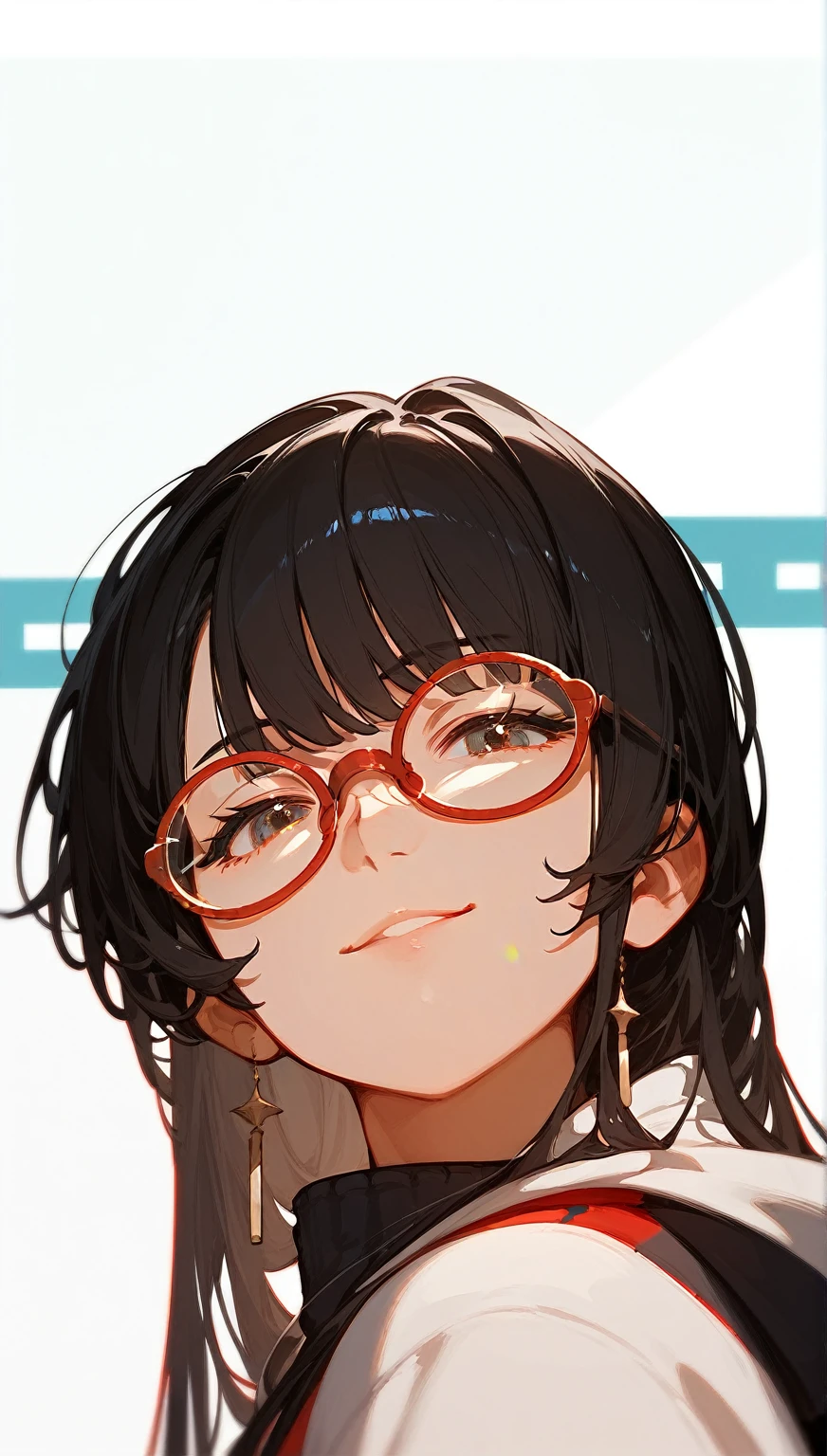 wallpaper, best quality, Very detailed, masterpiece, Extremely detailed, illustration,, Smirk, Bangs,齐Bangs,Long hair,Straight Hair,Black Hair,sports,Hoodie,Mature,Red round-rimmed glasses