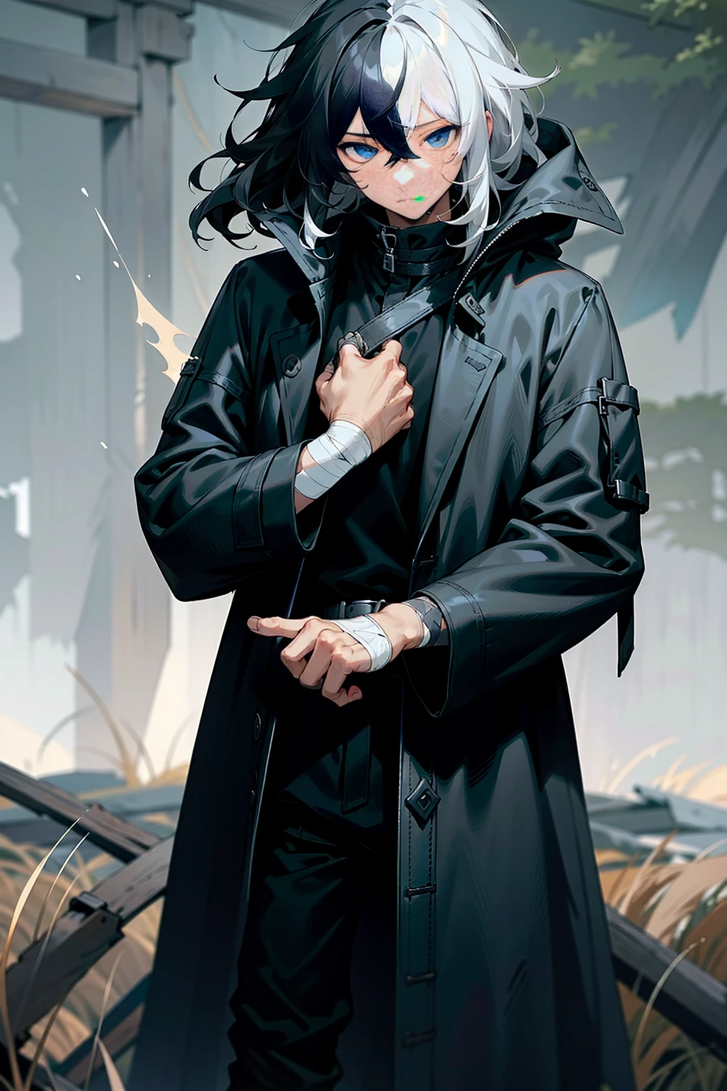 1male, tan skin, black highlighted hair, black and white hair, messy hair, wavy hair, blue eyes, uninterested expression, (dark blue oversized coat), black joggers, black undershirt, bandaged clothing, grassland background, standing on path, hands to side