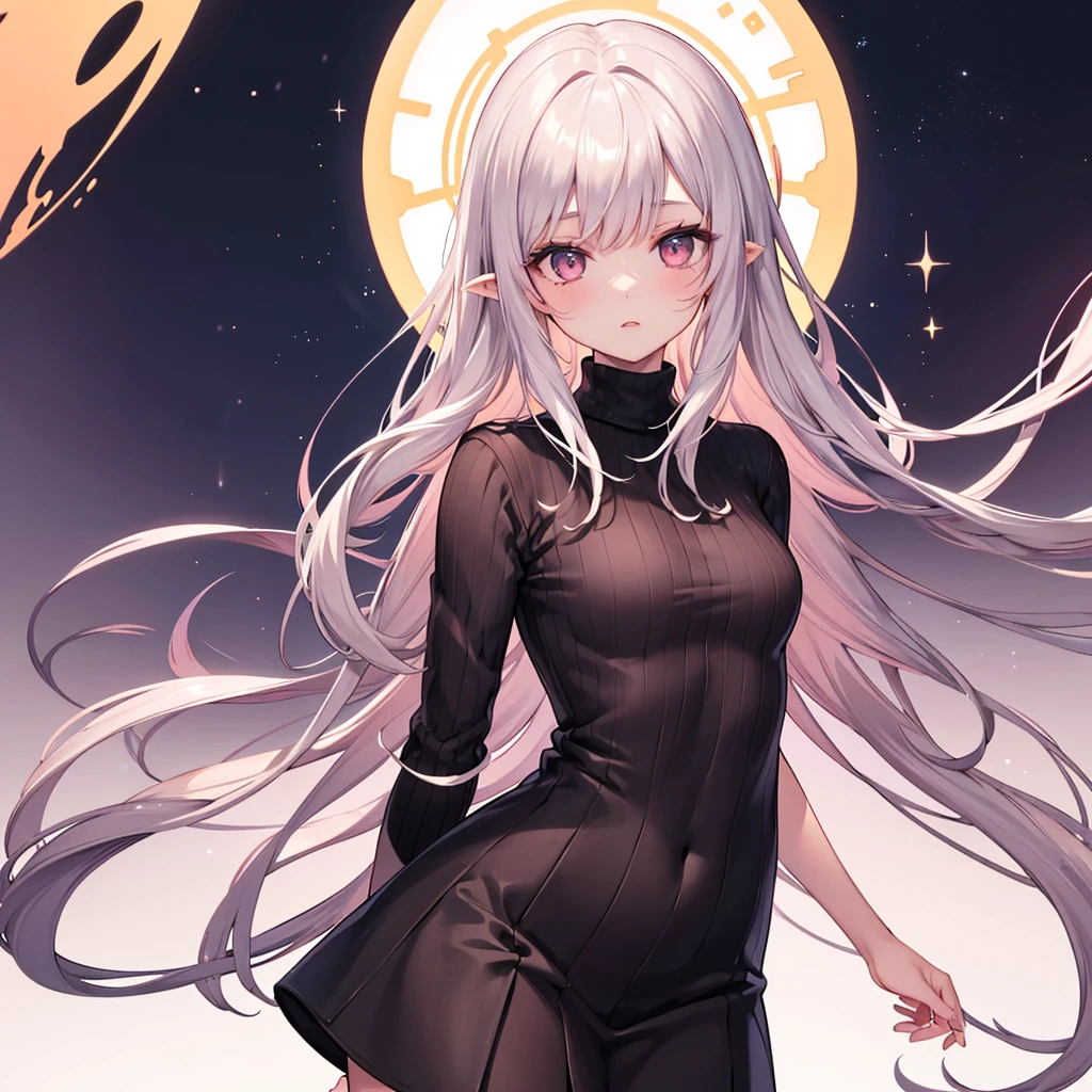 1 girl, human, (full body), ((Masterpiece, high quality, HD, High Details)), - **Eyes**: Oval-shaped, dark brown
- **Nose**: Small and flat
- **Lips**: Medium, natural pink
- **Hair**: Long, straight, dark brown
- **Skin Tone**: Light tan with a warm undertone
- **Eyebrows**: Thin and gently arched
- **Cheekbones**: Subtle and rounded
- **Chin**: Rounded
- **Ears**: Small and close to the head
- **Expression**: Kind and gentle
, wearing (Turtleneck sweater dress).