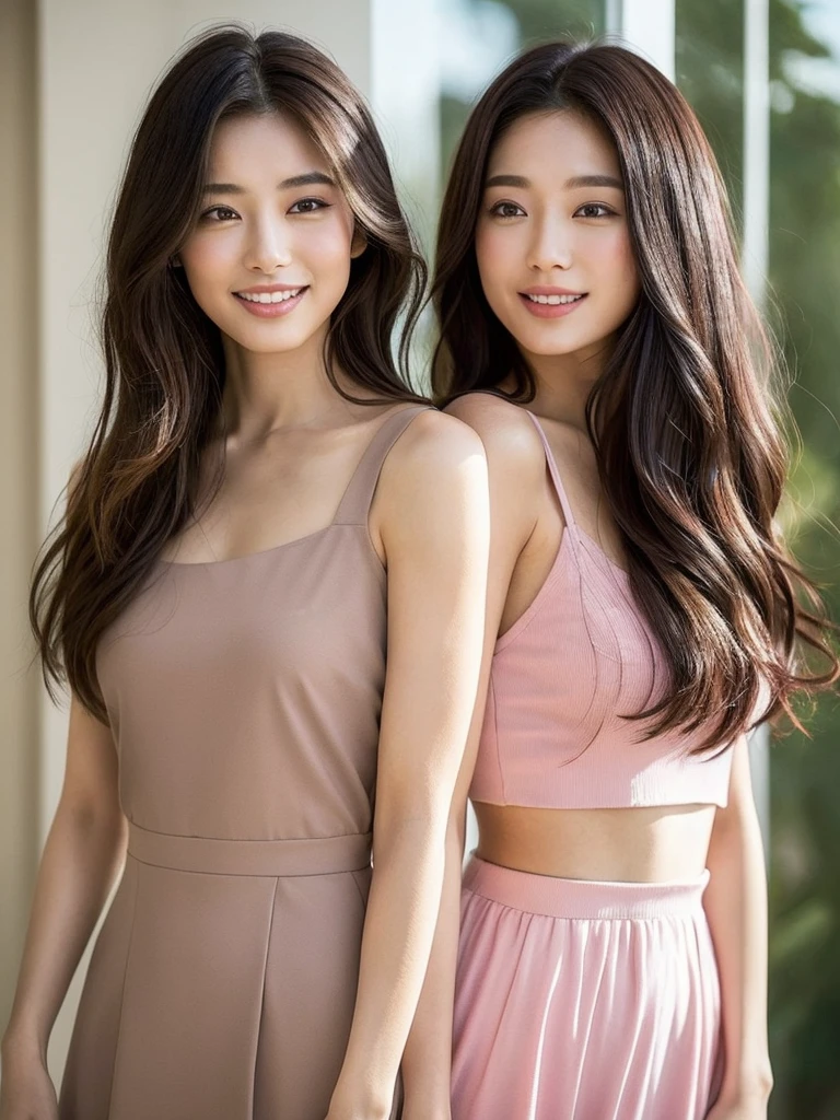 (top quality、8k、masterpiece:1.3)、There is a girl in the picture，She is a woman full of elegance, intelligence and cleanliness、Bob hair is characteristic。 The facial features and face look like beautiful Japanese and Korean female stars，Smooth and beautiful jaw line，Moderately sized double eyelids，Elegant and pretty nose bridge，Pink and elastic lips，With lip beads，The proportion of upper and lower lips is moderate，Slightly show the front teeth when smiling with hairstyle：Her hair is a beautiful bob、The whole face is only a little covered by the flowing hair，Her hair color is natural dark brown、Naturally flowing hair exhibits smooth luster。Her skin is transparent, fair and pink、healthy、Shiny。 She wears fashionable and simple clothes，complements her beauty。 His head-to-body proportions resemble those of a runway model，Slender limbs, plump breasts of medium size，You can feel the gracefulness of your body’s posture and movements。 This masterpiece is painted to the highest quality、Show beauty and confident femininity、Slightly curly bob hair and natural brown-black hair color、with excellent，Clean fashion expression，The entire image should retain the entire head and body parts above the chest