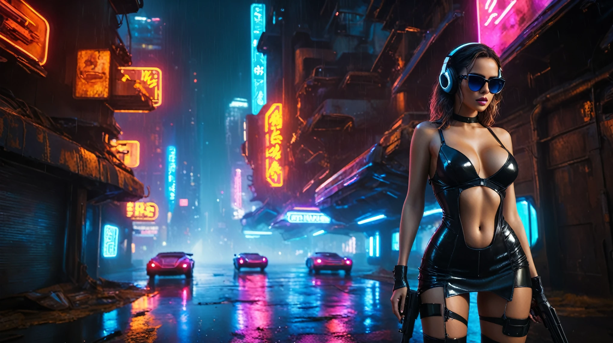 (aerial view, a flying cars docking platform, a very dark abandoned futuristic city, neon lights), rainy night. (((1girl, solo, alone))), large-:1.2 slim body, cleavasexy wind blow wet dress:1.4, (((headphone, black sunglasses, standing and holding pistol:1.8, dynamic seductive pose))), (((((half-body thigh level medium shot))))), cinematic lighting, lens flare, ray tracing.