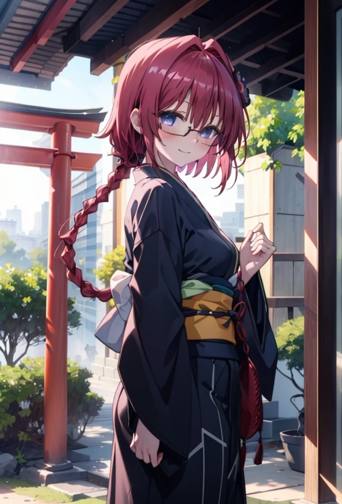 Meia Kurosaki,Meia Kurosaki,Redhead,Long Hair,Long braids,Purple eyes,Glasses, (Small breasts:1.2),Shrine maiden, 白いkimono, kimono, As with the skirt, Wide sleeves, Long sleeve, Red too,Long skirt,White tabi,Sandals,smile,blush,Sleeves edged with ribbon, whole bodyがイラストに入るように,
break looking at viewer,whole body, (Cowboy Shot:1. 5)
break outdoors, shrine,torii,
break (masterpiece:1.2), Highest quality, High resolution, unity 8k wallpaper, (shape:0.8), (Beautiful attention to detail:1.6), Highly detailed face, Perfect lighting, Extremely detailed CG, (Perfect hands, Perfect Anatomy),