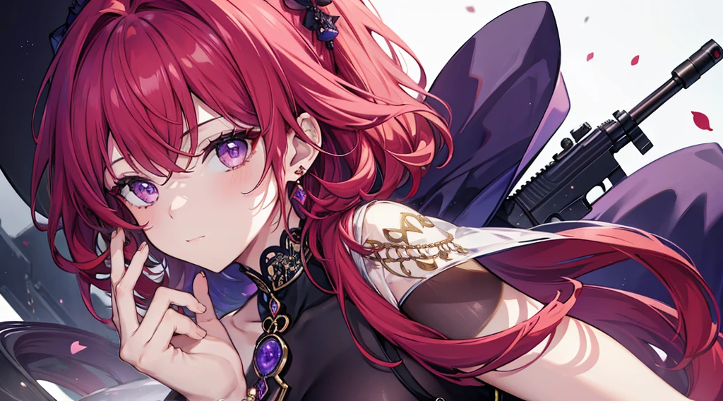 Highest quality, masterpiece, figure, wallpaper,One woman, Beautiful detailed woman, Highly detailed eyes and face, Beautiful attention to detail, Shine, View your viewers, Purple Eyes,,Bright Red Hair ,crisp finger, clear background, deep night、Big earrings、bracelet,28 years old,Are standing,Slim body,He has a gun