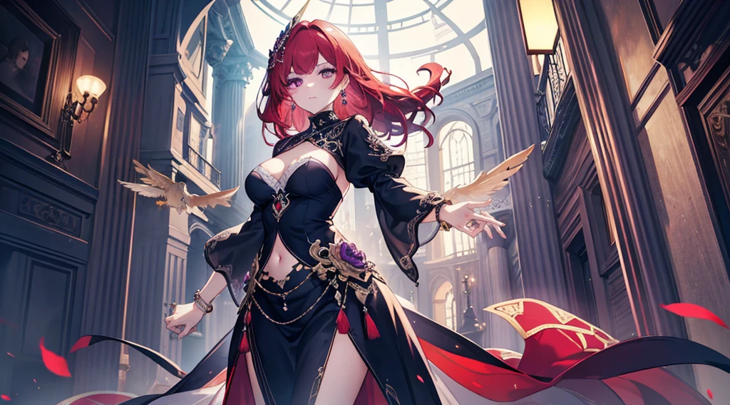 masterpiece, best quality, 1woman, adult, female focus, solo, medium red hair, vibrant red eyes, looking at viewer, closed mouth, Fantasy aesthetics, Highly detailed, shadowverse style, demonic attire, necromancer, veil