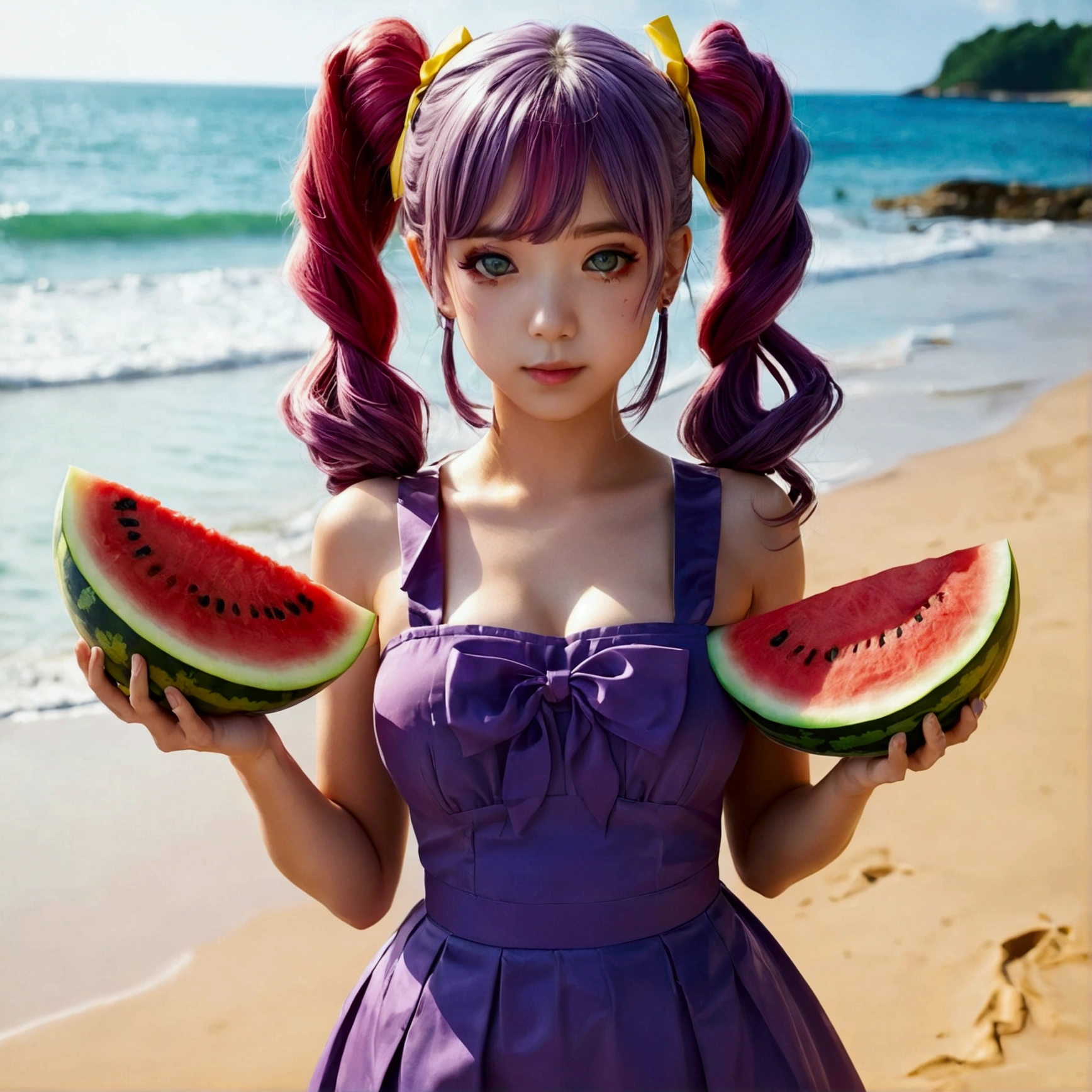 Highest quality, masterpiece, High resolution, detailed, Perfect ???????, Eat WM, watermelon, holding watermelon, Beach, Blood, Purple Hair, Yellow Eyes, Twin tails, low Twin tails, Yellow ribbon, Purple Dress, Barrette, Ahoge,