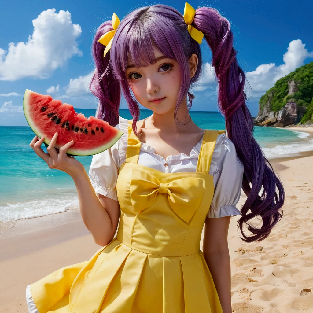 Highest quality, masterpiece, High resolution, detailed, Perfect Anatomy, Eat WM, watermelon, holding watermelon, Beach, Blood, Purple Hair, Yellow Eyes, Twin tails, low Twin tails, Yellow ribbon, Purple Dress, Barrette, Ahoge,