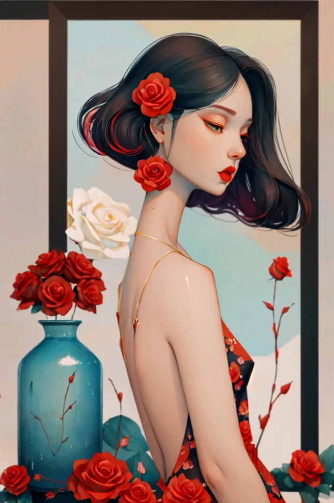 2d, pastel color, watercolor, color saturation,
illustration, lineart, Rose ankymoore, 1girl, bouquet, black hair, camellia, (closed_eyes), flower_ornament, hair_flower, hibiscus, lipstick, makeup, profile, red_flower, red_lips, red_rose, rose_petals, rose_print, short_hair, 独奏, backless dress, thorns, upper_body, vase, necklace,
long hair
