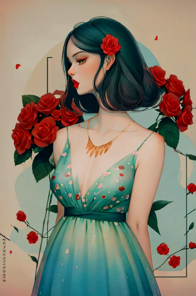 2d, pastel color, watercolor, color saturation,
illustration, lineart, Rose ankymoore, 1girl, bouquet, black hair, camellia, (closed_eyes), flower_ornament, hair_flower, hibiscus, lipstick, makeup, profile, red_flower, red_lips, red_rose, rose_petals, rose_print, short_hair, 独奏, backless dress, thorns, upper_body, vase, necklace, 
long hair