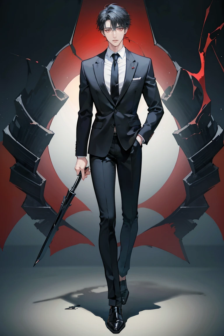 (masterpiece), best quality, seductive eyes, perfect face, handsome man, red eyes, short messy black hair, long nose, business suit, black necktie, black fitted pants, full body, extremely tall man, long legs, long calves, anime cover, 1boy, ear piercings, hands in pockets, adult-like look, the background is a company
