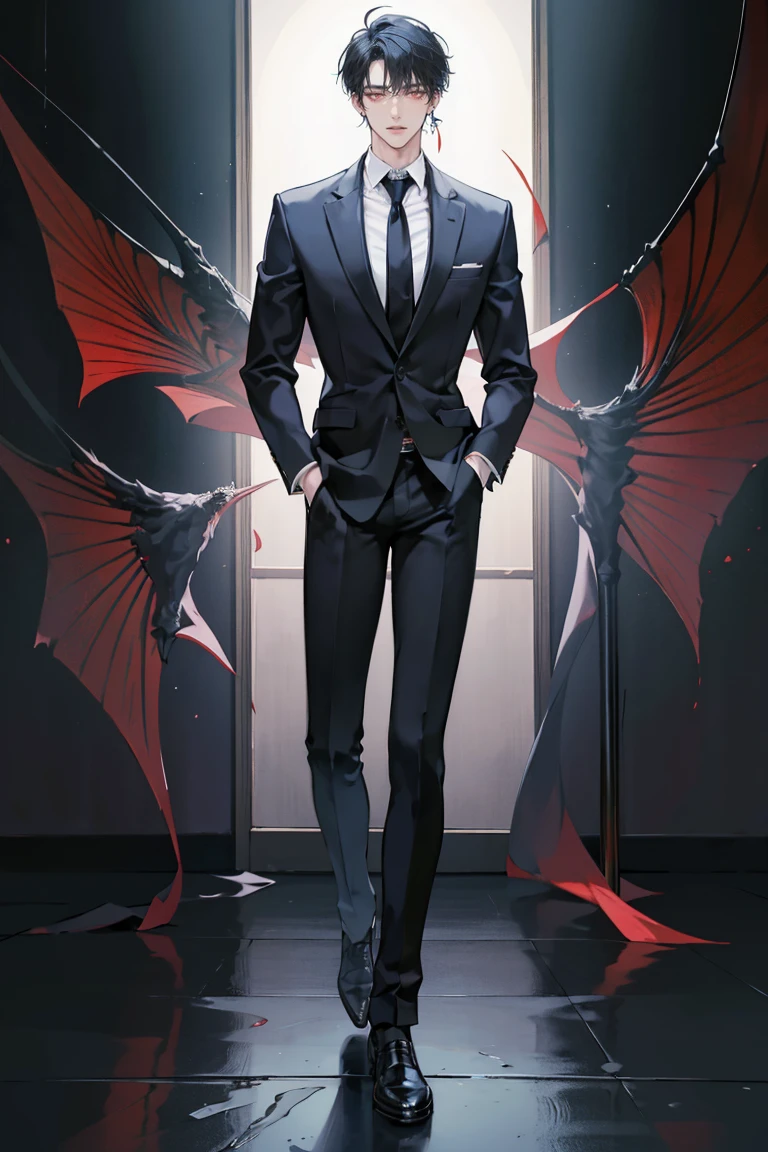 (masterpiece), best quality, seductive eyes, perfect face, handsome man, red eyes, short messy black hair, long nose, business suit, black necktie, black fitted pants, full body, extremely tall man, long legs, long calves, anime cover, 1boy, ear piercings, hands in pockets, adult-like look, the background is a company