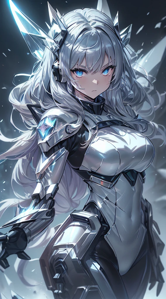 top-quality、Top image quality、​masterpiece、girl with((black and white mecha suit、Glowing mech suit、18year old、 Ager、cute little、Best Bust、big bast,Beautiful sparkling purple eyes open wide, Messy silver hair、Longhaire、A slender,big moves in volleyball,sharp claws、he has a long knife in his right hand.、he has a short knife in his left hand.、head phone、fighting poses、 face、sprinting splatter)),hiquality、Beautiful Art、Background with((Midwinter world、Oyukubuki、Crystal Tower)))、,masutepiece、depth of fields,Cinematic style