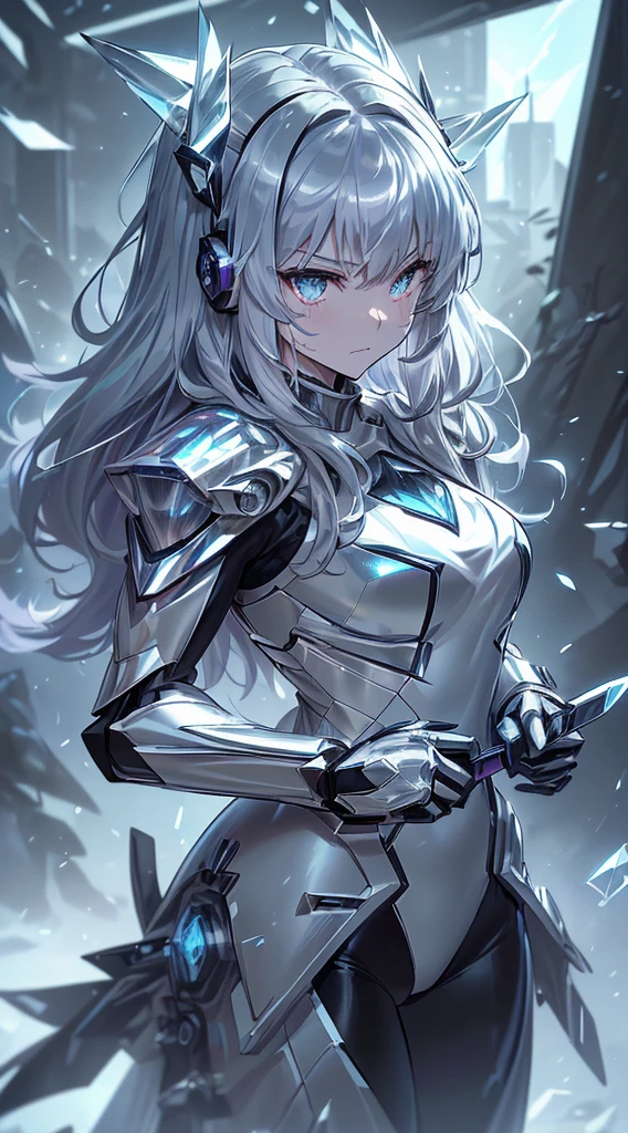 top-quality、Top image quality、masterpiece、girl with((black and white mecha suit、Glowing mech suit、18year old、 Ager、cute little、Best Bust、big bast,Beautiful sparkling purple eyes open wide, Messy silver hair、Longhaire、A slender,big moves in volleyball,sharp claws、he has a long knife in his right hand.、he has a short knife in his left hand.、head phone、fighting poses、 face、sprinting splatter)),hiquality、Beautiful Art、Background with((Midwinter world、Oyukubuki、Crystal Tower)))、,masutepiece、depth of fields,Cinematic style