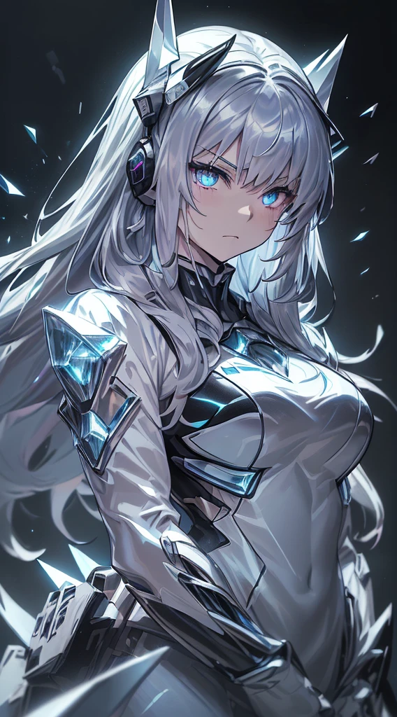 top-quality、Top image quality、​masterpiece、girl with((black and white mecha suit、Glowing mech suit、18year old、 Ager、cute little、Best Bust、big bast,Beautiful sparkling purple eyes open wide, Messy silver hair、Longhaire、A slender,big moves in volleyball,sharp claws、he has a long knife in his right hand.、he has a short knife in his left hand.、head phone、fighting poses、 face、sprinting splatter)),hiquality、Beautiful Art、Background with((Midwinter world、Oyukubuki、Crystal Tower)))、,masutepiece、depth of fields,Cinematic style