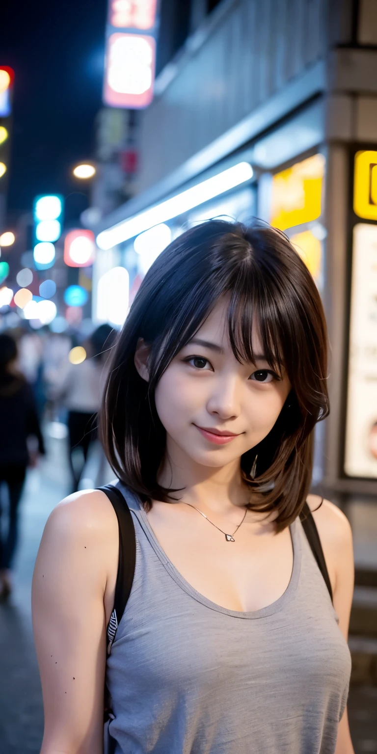 1 girl, Tokyo Street,night, Streetscape,City lights,Upper Body,close,smile,, (8k, RAW Photos, Highest quality, masterpiece:1.2),(Realistic, photo-Realistic:1.37),