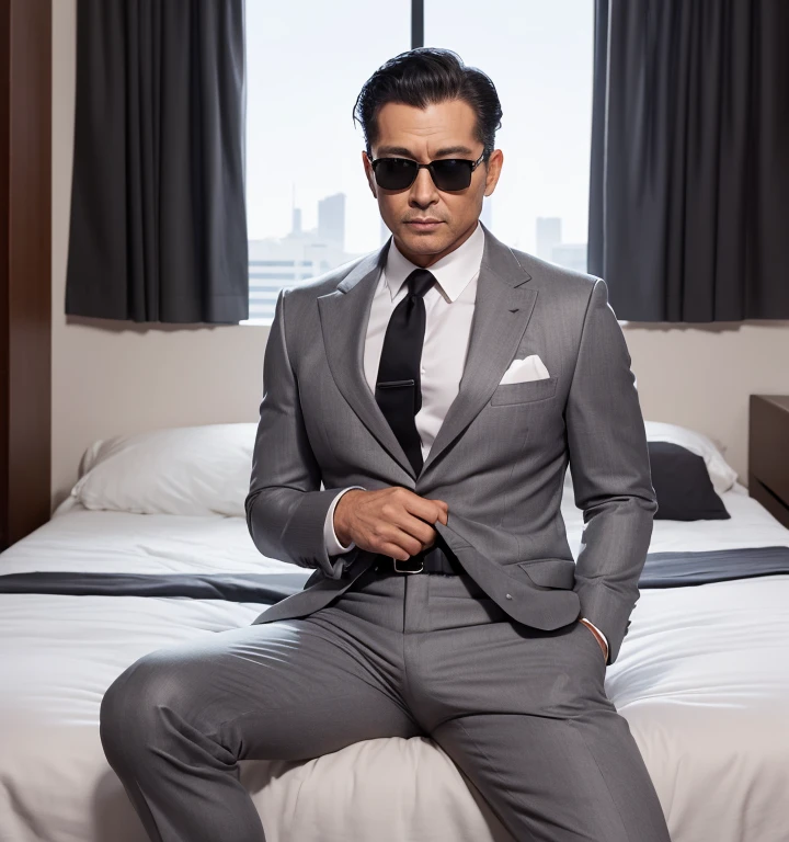 50 years old,One Man,Grey suit,mafia、Bedroom,legs wide open,Boss sitting、The crotch area of the pants is bulging,logic,Gay ,Very short slicked back hair,Stubble,Asian Faces,Black sunglasses。chest hair。
