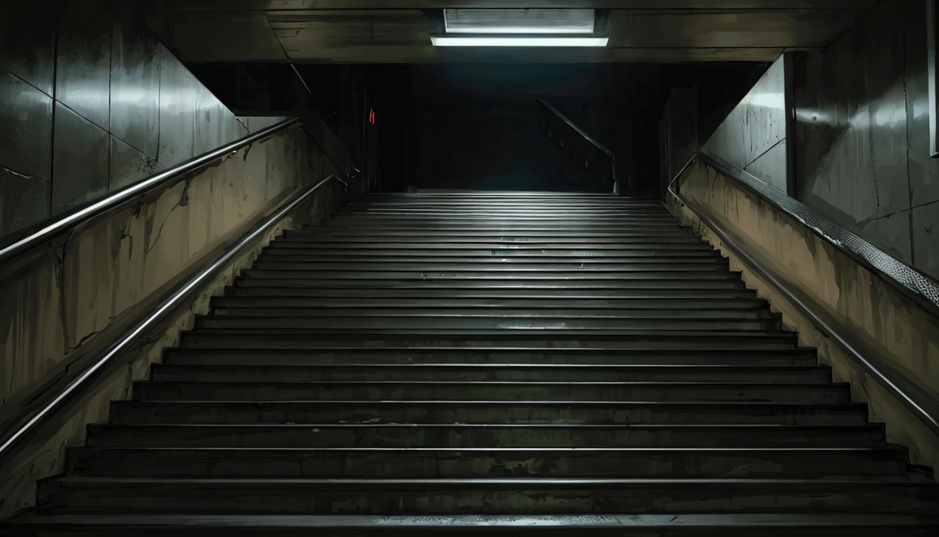 there is a dark stairway way with a light at the end, the scary empty liminal spaces, an empty liminal space, empty liminal space, coming down the stairs, stairs, stairway, unsettling creepy liminal space, liminal space photography, liminal space aesthetic