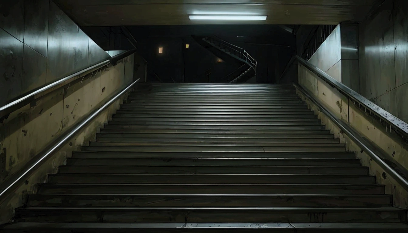 there is a dark stairway way with a light at the end, the scary empty liminal spaces, an empty liminal space, empty liminal space, coming down the stairs, stairs, stairway, unsettling creepy liminal space, liminal space photography, liminal space aesthetic