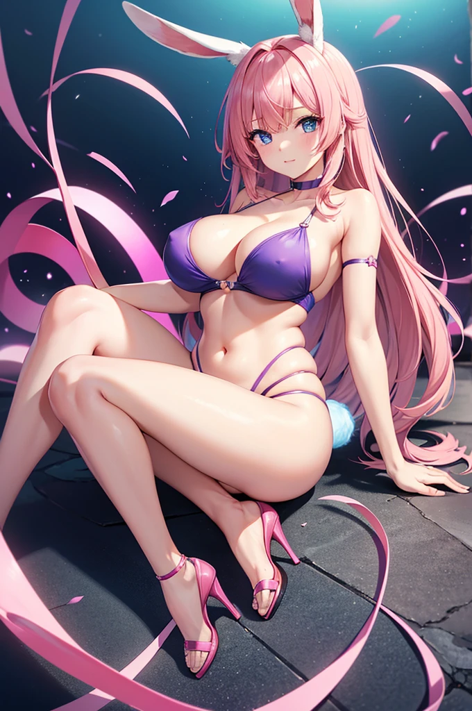 masterpiece, Highest quality,Beautiful Eyes, Beautiful Hair, Beautiful Face, Beautiful Skin, alone, 1 girl, 勃起した乳head, Anime Girls, (whole body), Curvy, Beautiful breasts,Glowing Skin,Shining Eyes, Smooth Skin, Glowing Skin, Soft Skin, Glowing Skin, （Purple slingshot swimsuit with no shoulder embellishments, head, or abdomen.)、Side bust, Cleavage, barefoot, High heels, (Pink Hair), (bare head:1.3), (Bare shoulders:1.3), (bare collarbones:1.3), fake rabbit ears, blue eyes, Are standing