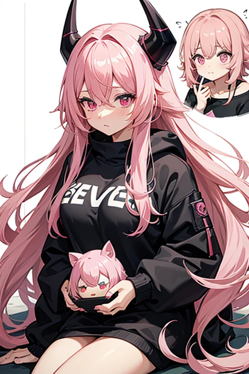 kaiju. 8, long pastel pink hair, tired pastel pink eyes, medium large breast, black sweatshirt with red stripes.