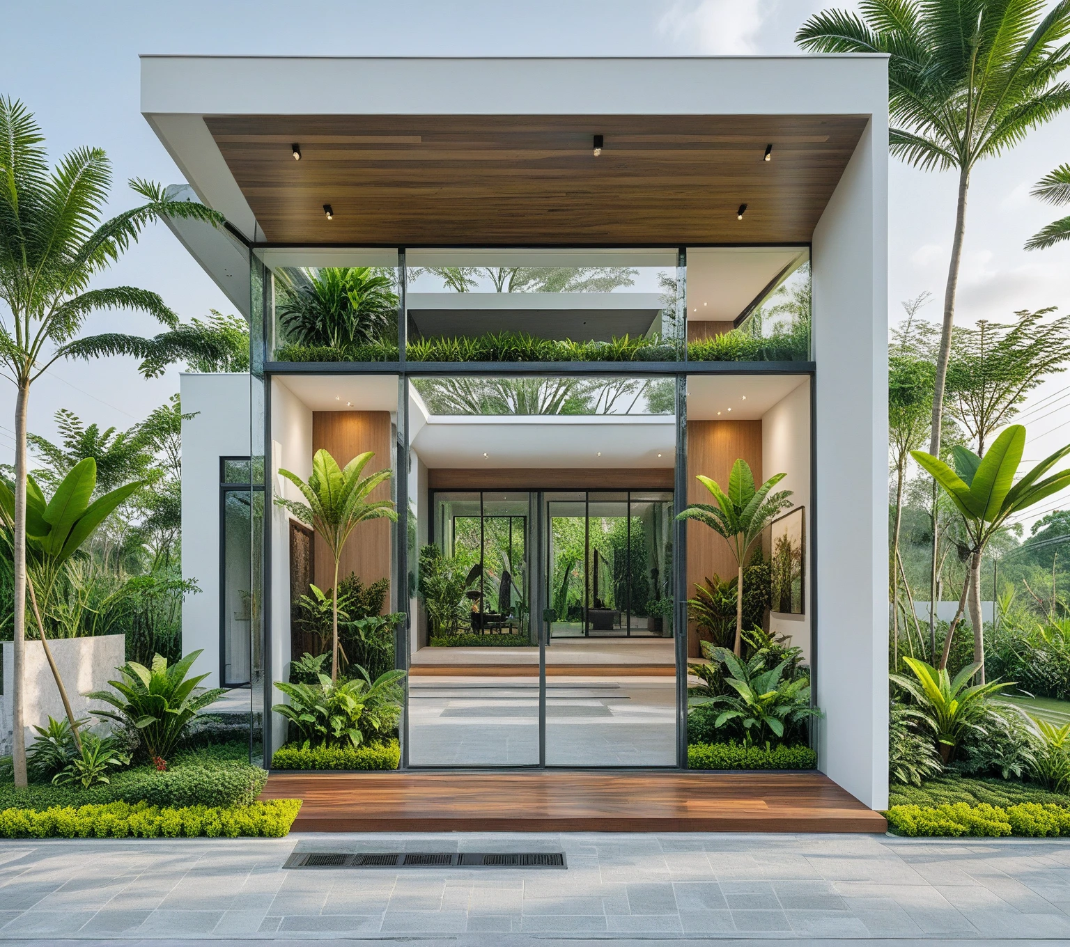 A hyper-realistic , a modern one-story house with a minimalist design, white and glass materials, wood, large floor-to-ceiling glass windows, tropical plants and trees. (house as the showroom mini furniture:1.2), front view, elevation view, Raw photo,Masterpiece, high quality, best quality, authentic, super detail, outdoors, house style modern