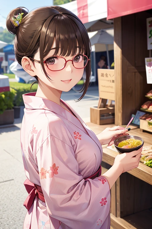 anegasaki nene、Shiny brown hair, short hair, (Beautiful brown eyes、Sparkling eyes, Fine grain)、smile、Ultra-detailed eyes、Highly detailed face, Highly detailed eyes,

masterpiece、High resolution、High resolution、High resolution、1 female、(Woman close up)、((Depiction of only the upper body))、
((Brown Hair、short hair、Hair Bun))、((Round frame glasses))、Pink Lip Gloss、yukata、優しいsmile、blush、Smiling with teeth showing、((Festival food stalls))、