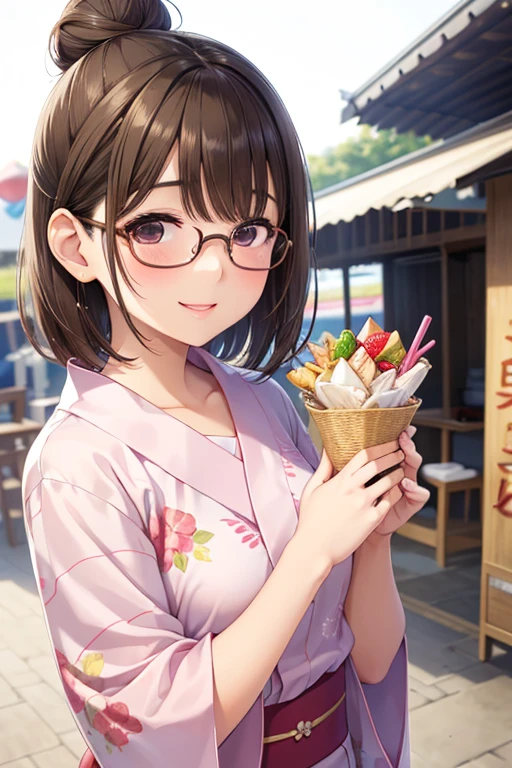 anegasaki nene、Shiny brown hair, short hair, (Beautiful brown eyes、Sparkling eyes, Fine grain)、smile、Ultra-detailed eyes、Highly detailed face, Highly detailed eyes,

masterpiece、High resolution、High resolution、High resolution、1 female、(Woman close up)、((Depiction of only the upper body))、
((Brown Hair、short hair、Hair Bun))、((Round frame glasses))、Pink Lip Gloss、yukata、優しいsmile、blush、Smiling with teeth showing、((Festival food stalls))、