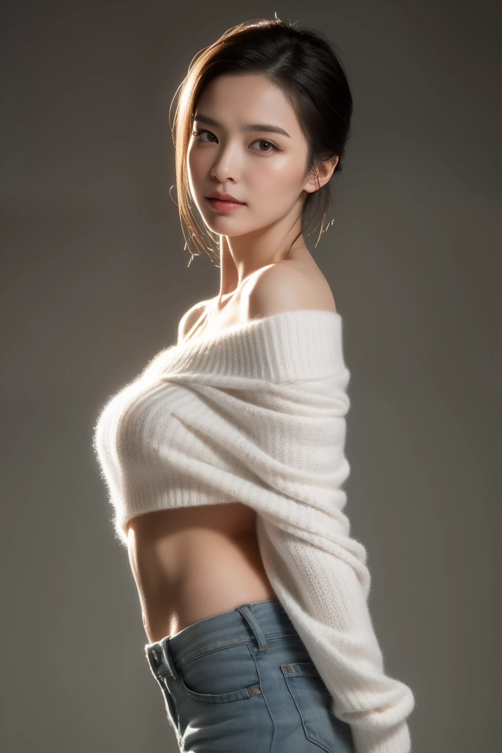asian lady, She is wearing a soft white sweater relaxed neckline that casually ((drapes off one shoulder)), exposing slender shoulders with black bra trap, highlighted by the rays of light creating a radiant effect on her skin. , mid-shot , light rays, warm atmosphere , light through hair, ((mid-shot, full body, slender waist)), Hair Up Do、 Glowing eyes, nose blush, Carl Larsson, Alfonse Mucha, Chiaroscuro, Film Glenn, reflective light, (((long-Shot))), knee to top,longshot show (((full body))), masterpiece, high details, ((gray background, studio light ))