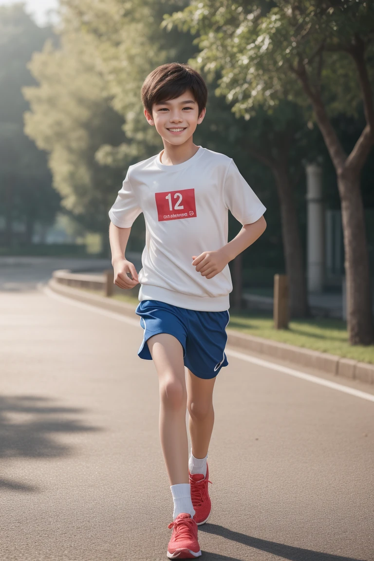 12-year-old boy,Smile,Spread your white and slender legs,jogging,full body,8K facial features are exquisite,Handsome boyish feeling,8k,masterpiece,((best quality)),photography,photograph