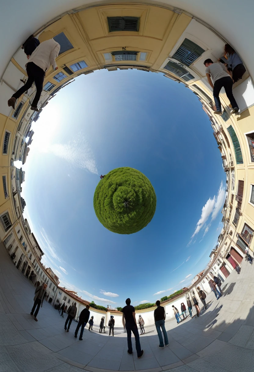 Arafed image of a group of people walking in a circle., 3 6 0 image, 3 6 0 catch, Panoramic Anamorphic, 3 6 0 projection, Liminal space photography, 360 monoscopic equirectangular, by Leandro Erlich, inspired by Leandro Erlich, 360 degree equirectangular, 8mm extreme fisheye