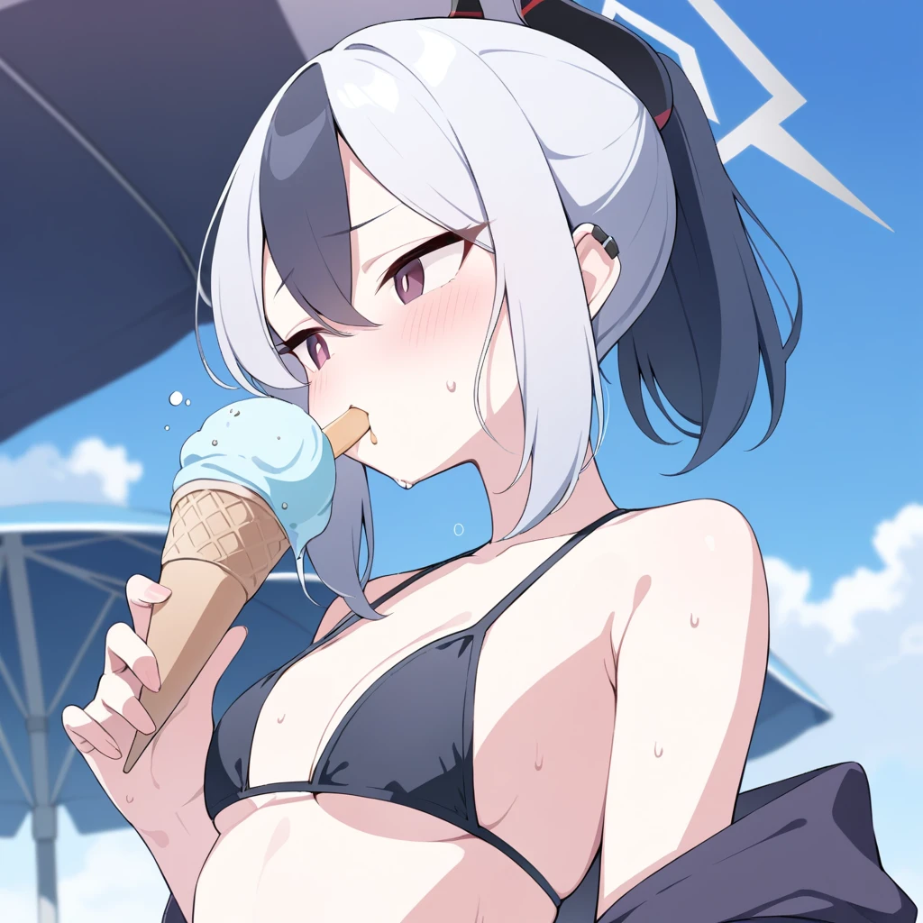 (wearing nothing:2),cooking, empty eyes, ICE CREAM, large breasts, 1girl, long hair, Orange hair, red eyes, pool, sea, , blue sky, short hair, silver hair, nipple