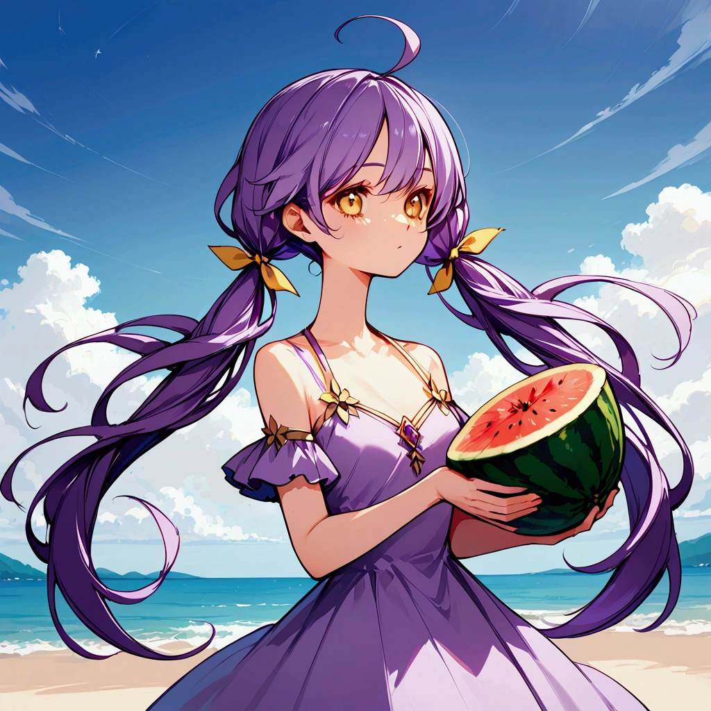 Highest quality, masterpiece, High resolution, detailed, Perfect Anatomy, Eat WM, watermelon, holding watermelon, Beach, Blood, Purple Hair, Yellow Eyes, Twin tails, low Twin tails, Yellow ribbon, Purple Dress, Barrette, Ahoge,