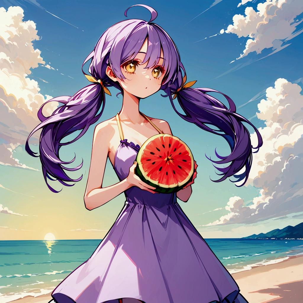 Highest quality, masterpiece, High resolution, detailed, Perfect Anatomy, Eat WM, watermelon, holding watermelon, Beach, Blood, Purple Hair, Yellow Eyes, Twin tails, low Twin tails, Yellow ribbon, Purple Dress, Barrette, Ahoge,